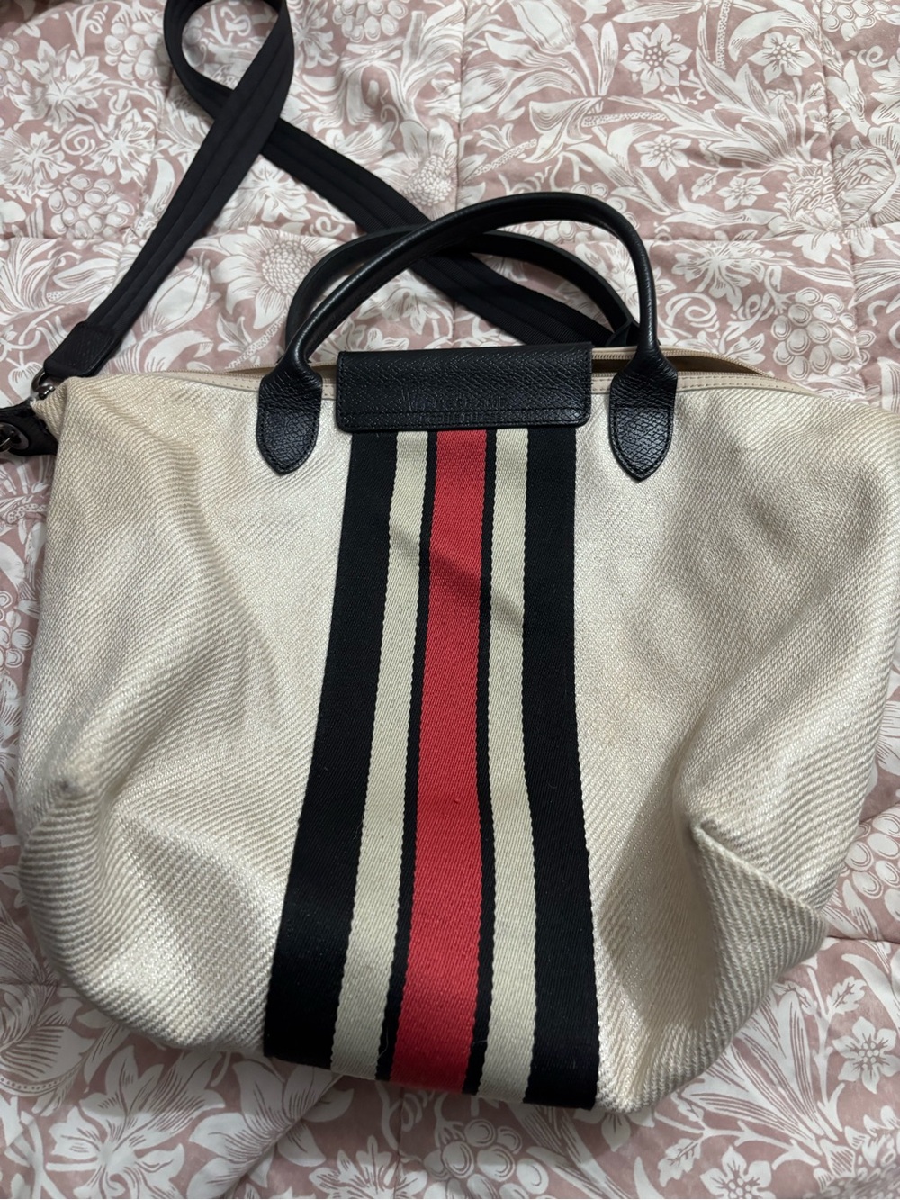 Longchamp Cream Canvas Tote Bag with Black & Red Stripe